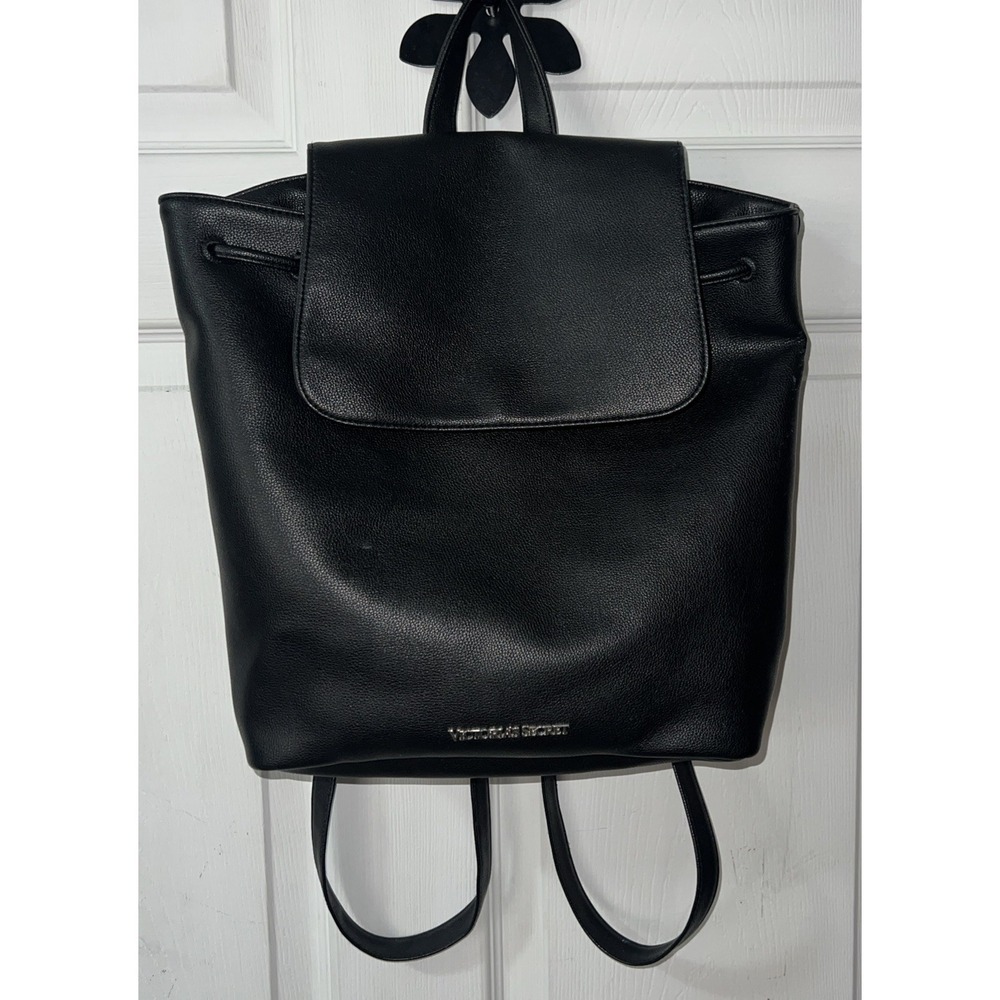 Victoria Secret Black Faux Leather Backpack Tote Bag Snap Close With Drawstring